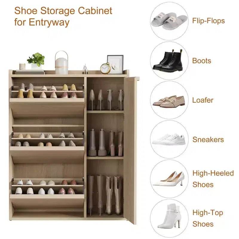 Flip-out drawer shoe cabinet with adjustable wooden shelves, ideal for entryways, hallways, and living rooms as a concealed shoe storage solution.
