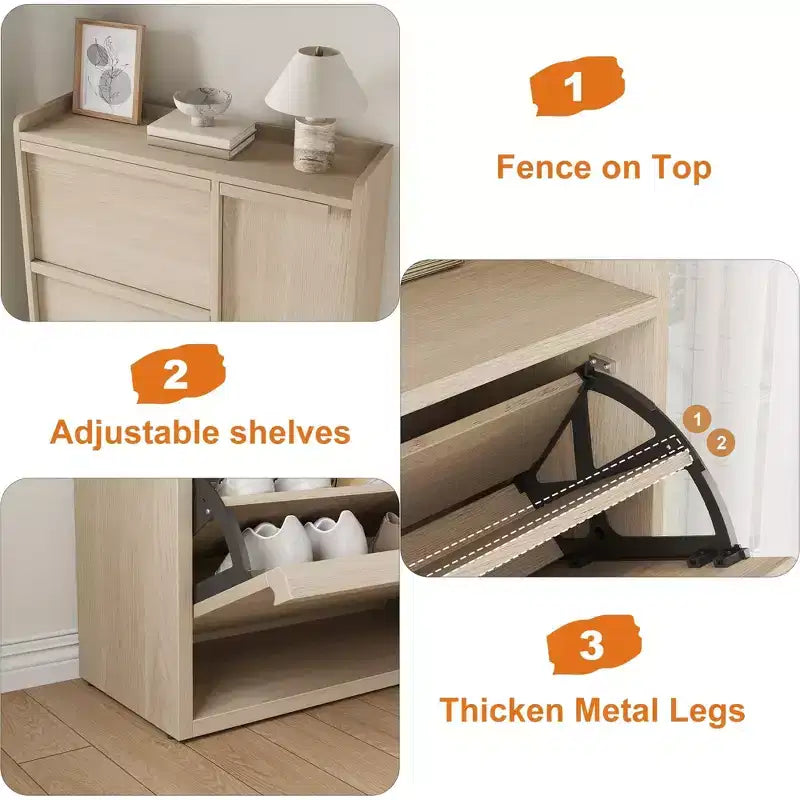 Flip-out drawer shoe cabinet with adjustable wooden shelves, ideal for entryways, hallways, and living rooms as a concealed shoe storage solution.