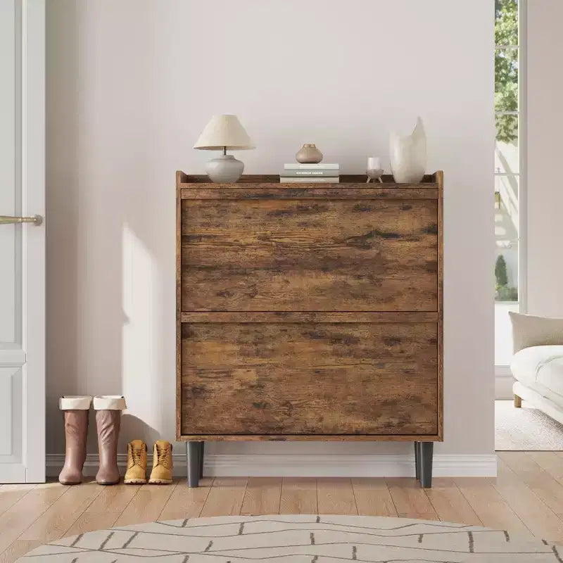 Flip-out drawer shoe cabinet with adjustable wooden shelves, ideal for entryways, hallways, and living rooms as a concealed shoe storage solution.