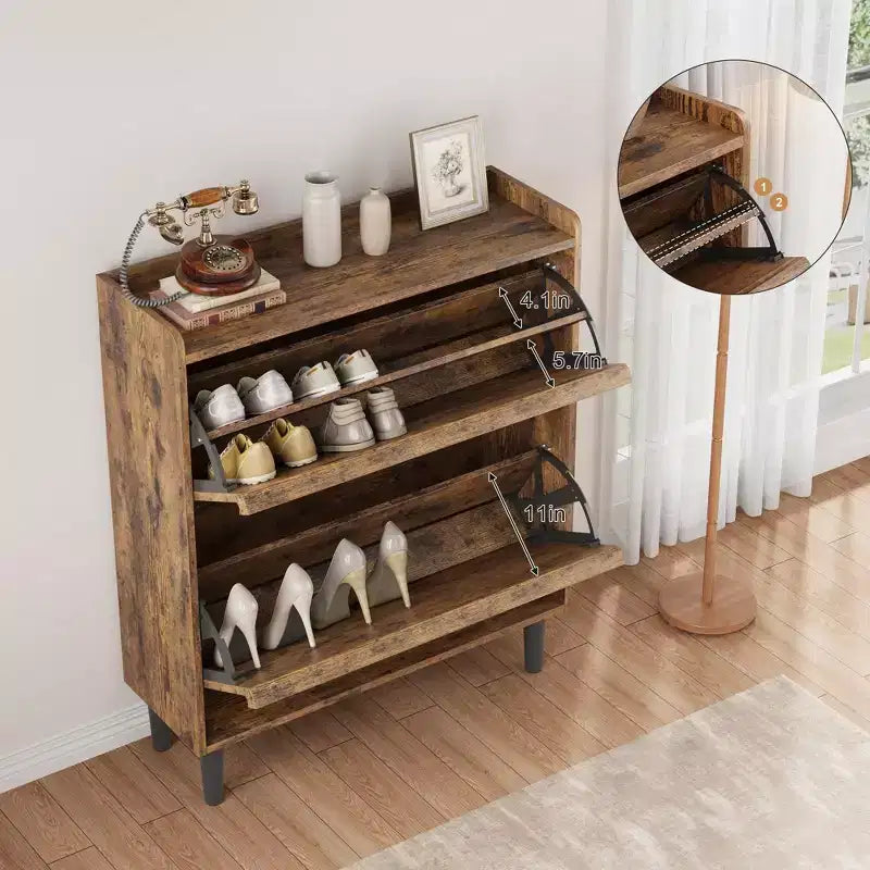 Flip-out drawer shoe cabinet with adjustable wooden shelves, ideal for entryways, hallways, and living rooms as a concealed shoe storage solution.