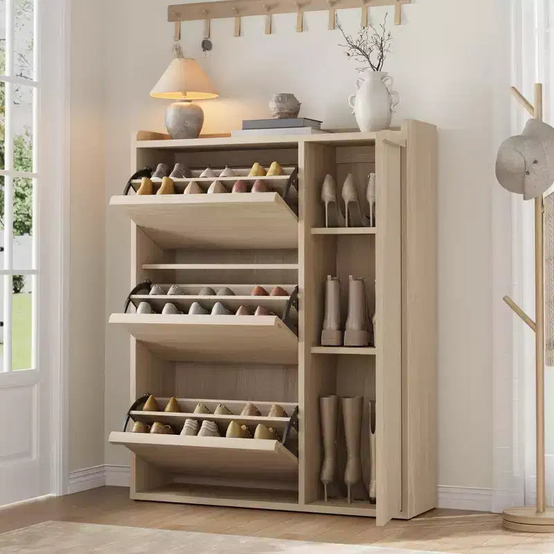 Flip-out drawer shoe cabinet with adjustable wooden shelves, ideal for entryways, hallways, and living rooms as a concealed shoe storage solution.