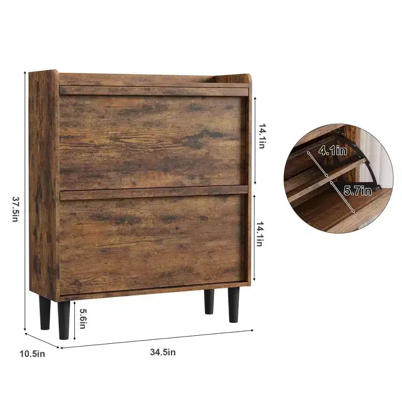 Flip-out drawer shoe cabinet with adjustable wooden shelves, ideal for entryways, hallways, and living rooms as a concealed shoe storage solution.