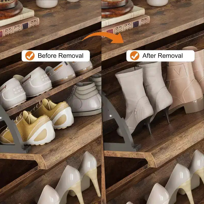Flip-out drawer shoe cabinet with adjustable wooden shelves, ideal for entryways, hallways, and living rooms as a concealed shoe storage solution.