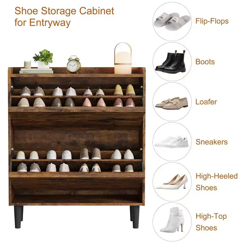Flip-out drawer shoe cabinet with adjustable wooden shelves, ideal for entryways, hallways, and living rooms as a concealed shoe storage solution.