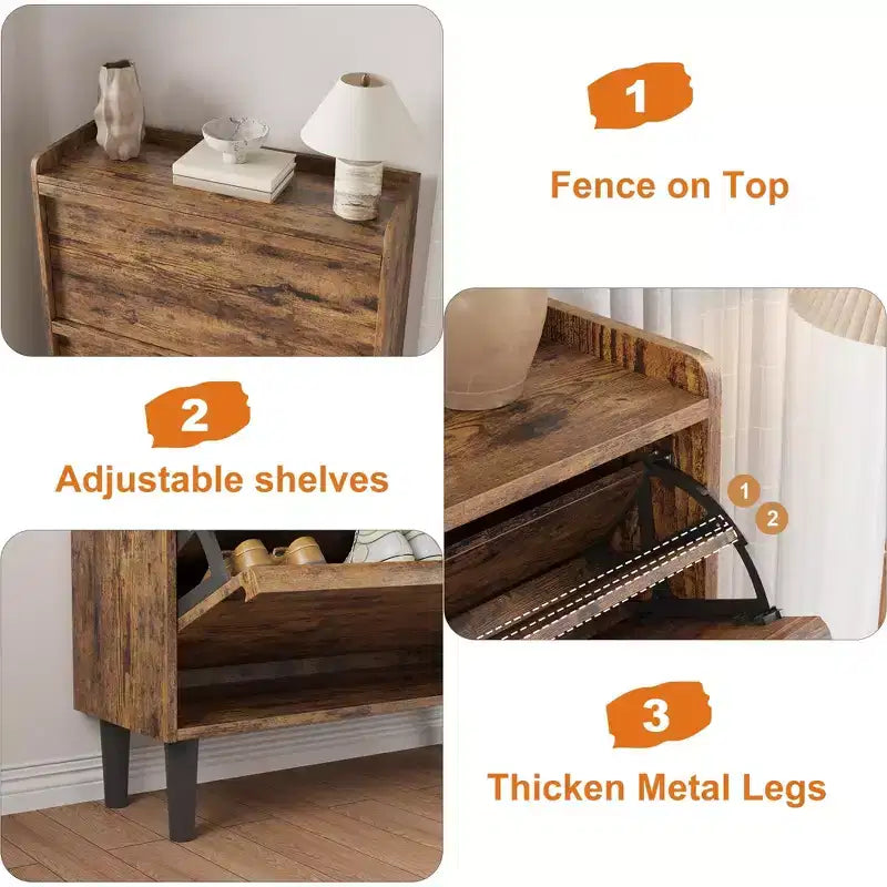 Flip-out drawer shoe cabinet with adjustable wooden shelves, ideal for entryways, hallways, and living rooms as a concealed shoe storage solution.