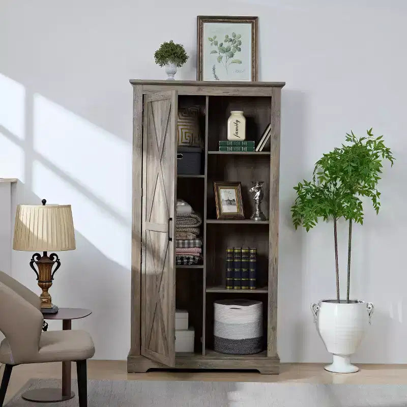 Free Standing Storage Cabinet for Dining Room, Buffet Cabinet with Barn Doors, Open and Hidden Shelves, Quality Hardware, Wine Bar Cabinet