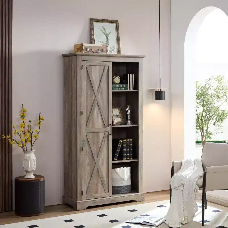 Free Standing Storage Cabinet for Dining Room, Buffet Cabinet with Barn Doors, Open and Hidden Shelves, Quality Hardware, Wine Bar Cabinet