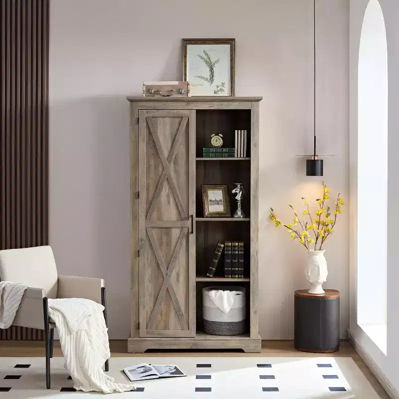 Free Standing Storage Cabinet for Dining Room, Buffet Cabinet with Barn Doors, Open and Hidden Shelves, Quality Hardware, Wine Bar Cabinet