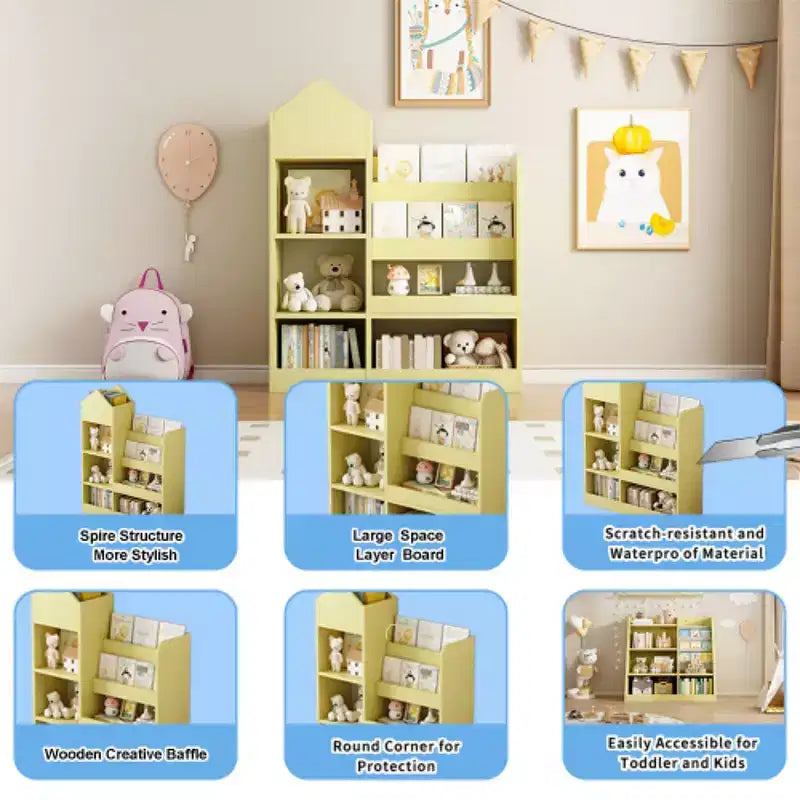Wooden Bookshelf Storage Organizer with Bookcase, 's Bin Storage Unit with 6 Compartments 2 Baskets Bins Box Organizer