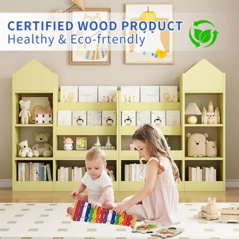 Wooden Bookshelf Storage Organizer with Bookcase, 's Bin Storage Unit with 6 Compartments 2 Baskets Bins Box Organizer