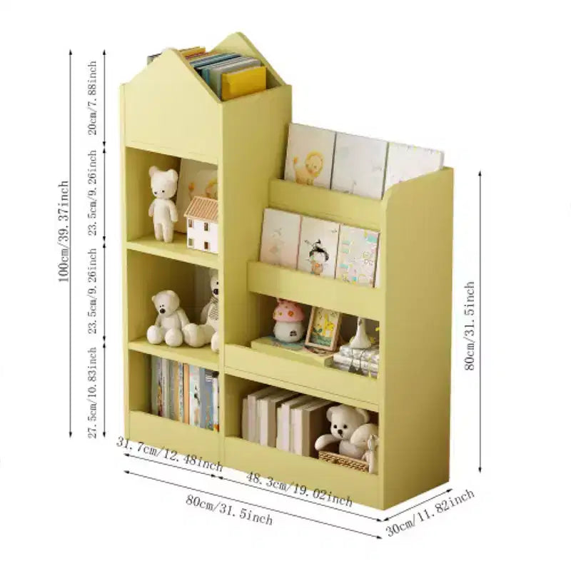 Wooden Bookshelf Storage Organizer with Bookcase, 's Bin Storage Unit with 6 Compartments 2 Baskets Bins Box Organizer