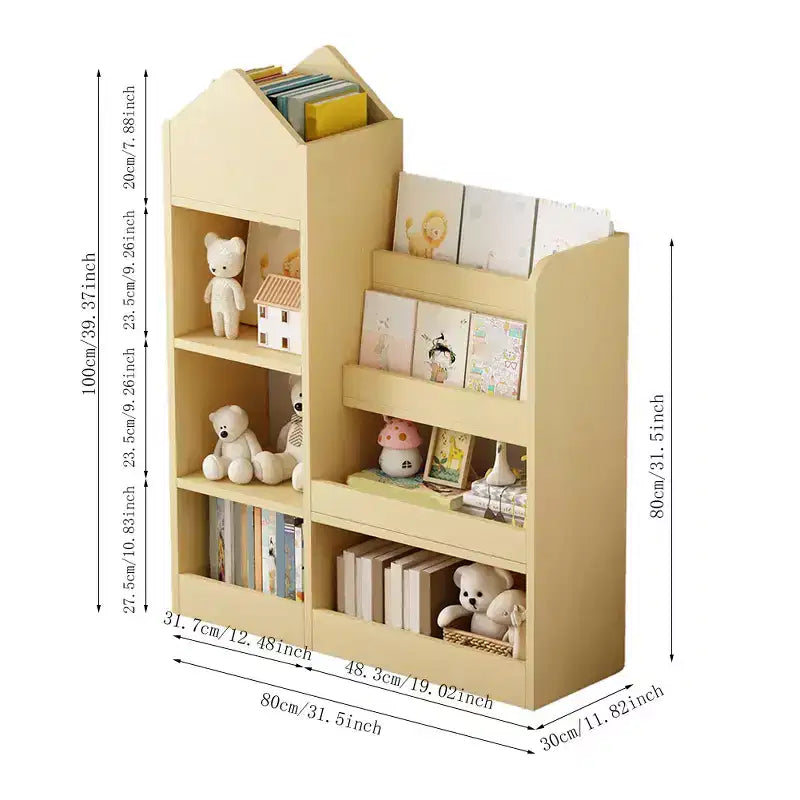Wooden Bookshelf Storage Organizer with Bookcase, 's Bin Storage Unit with 6 Compartments 2 Baskets Bins Box Organizer