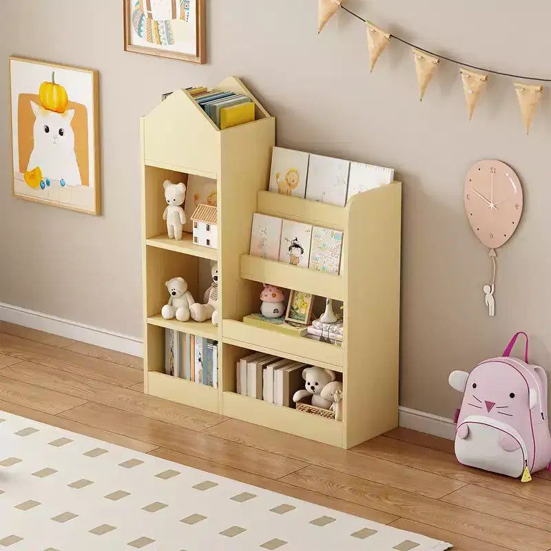 Wooden Bookshelf Storage Organizer with Bookcase, 's Bin Storage Unit with 6 Compartments 2 Baskets Bins Box Organizer