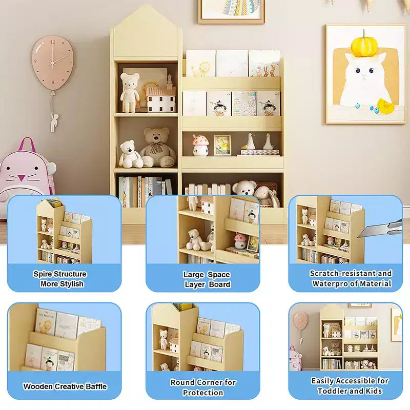 Wooden Bookshelf Storage Organizer with Bookcase, 's Bin Storage Unit with 6 Compartments 2 Baskets Bins Box Organizer