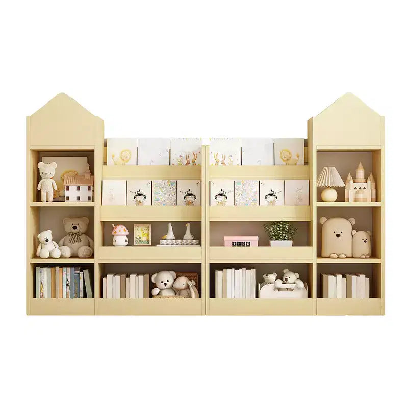 Wooden Bookshelf Storage Organizer with Bookcase, 's Bin Storage Unit with 6 Compartments 2 Baskets Bins Box Organizer