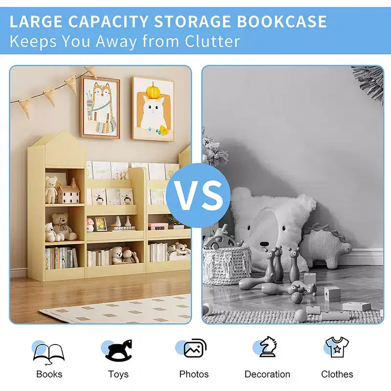 Wooden Bookshelf Storage Organizer with Bookcase, 's Bin Storage Unit with 6 Compartments 2 Baskets Bins Box Organizer