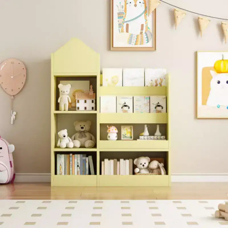 Wooden Bookshelf Storage Organizer with Bookcase, 's Bin Storage Unit with 6 Compartments 2 Baskets Bins Box Organizer
