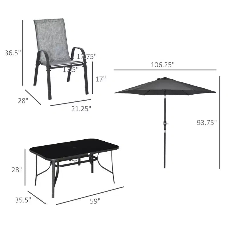 8 Pieces Patio Furniture Set with 9Ft Patio Umbrella, Outdoor Dining Table and Chairs, 6 Chairs, Push Button Tilt and Crank Parasol