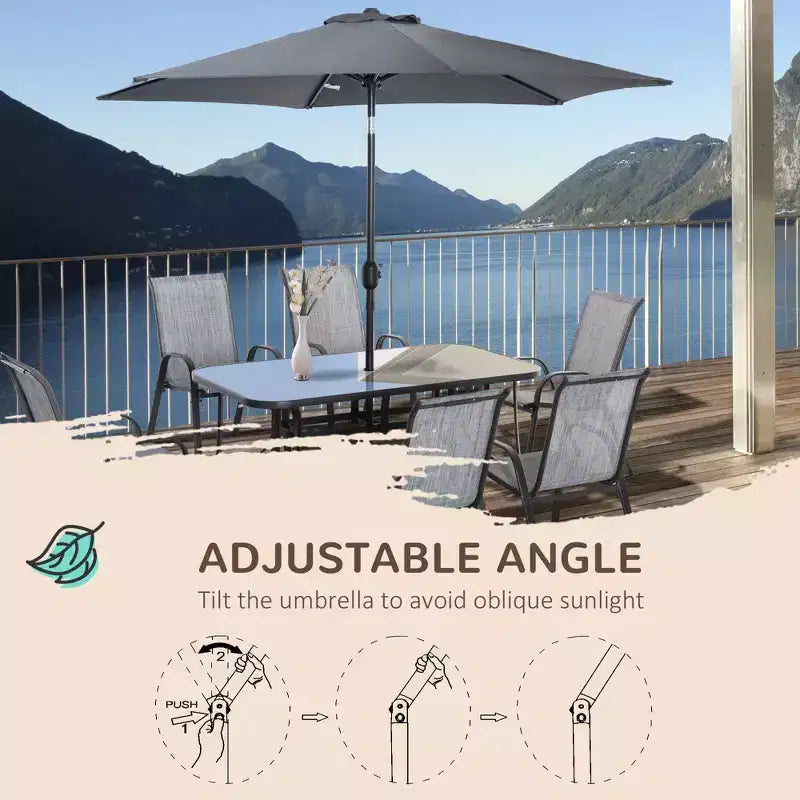 8 Pieces Patio Furniture Set with 9Ft Patio Umbrella, Outdoor Dining Table and Chairs, 6 Chairs, Push Button Tilt and Crank Parasol