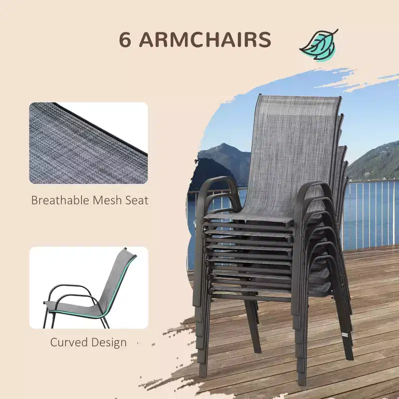8 Pieces Patio Furniture Set with 9Ft Patio Umbrella, Outdoor Dining Table and Chairs, 6 Chairs, Push Button Tilt and Crank Parasol