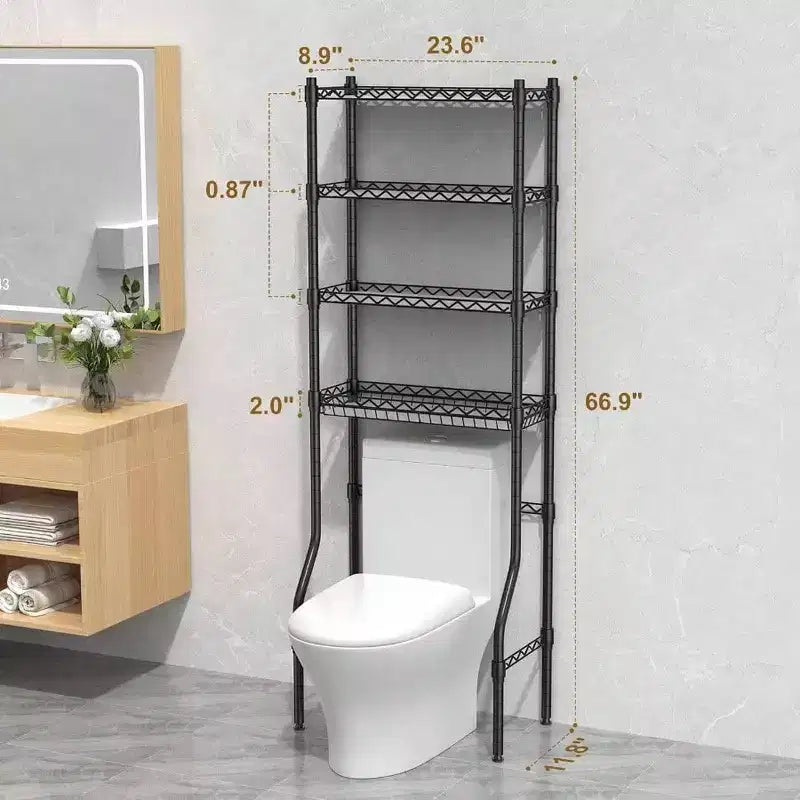 4 Tier Over Toilet Storage Rack Bathroom Organizers with Adjustable Shelf and Basket Black Small Space Storage Cabinet