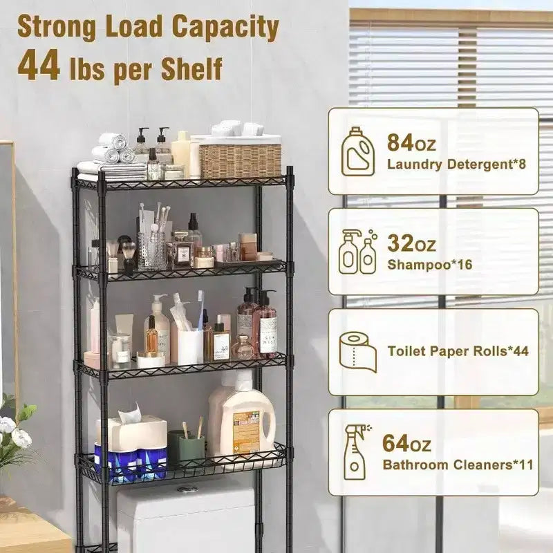 4 Tier Over Toilet Storage Rack Bathroom Organizers with Adjustable Shelf and Basket Black Small Space Storage Cabinet
