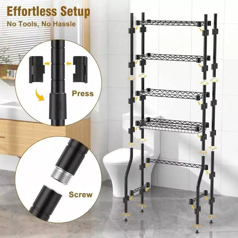 4 Tier Over Toilet Storage Rack Bathroom Organizers with Adjustable Shelf and Basket Black Small Space Storage Cabinet