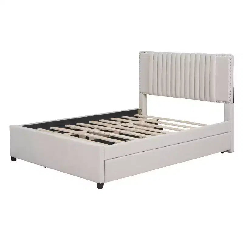 Upholstered Platform Bed with 2 Drawers & Trundle, 400lbs Capacity MDF Plywood Frame