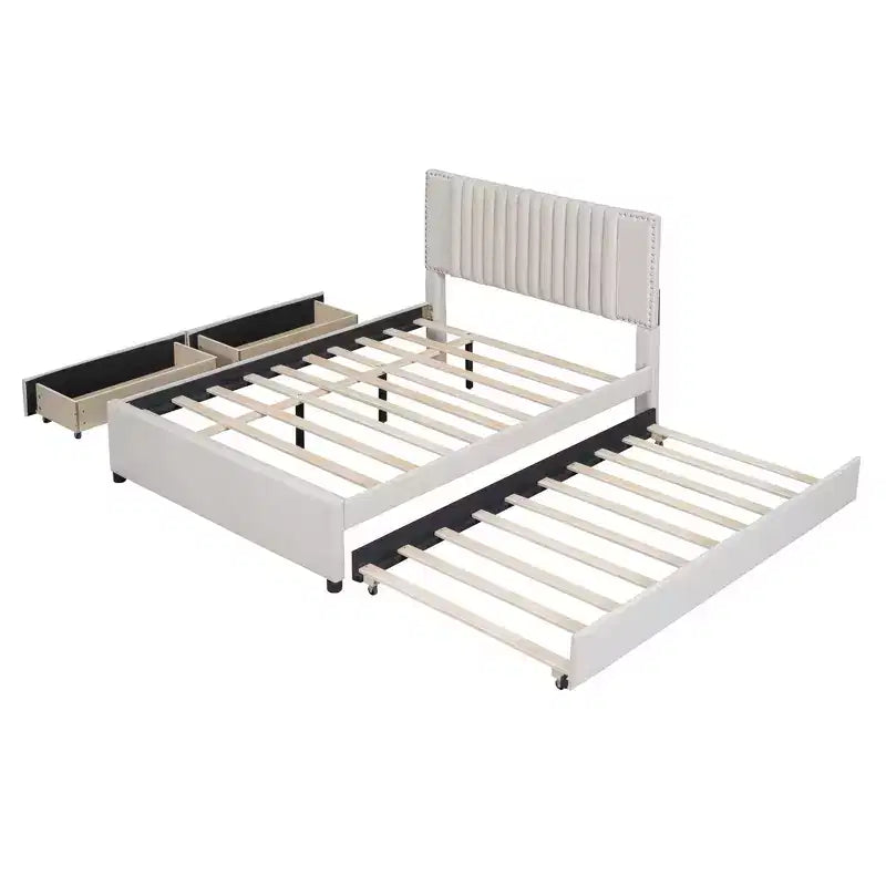 Upholstered Platform Bed with 2 Drawers & Trundle, 400lbs Capacity MDF Plywood Frame