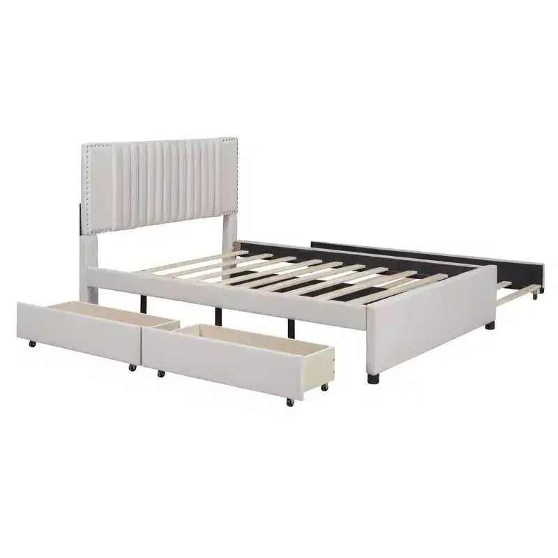 Upholstered Platform Bed with 2 Drawers & Trundle, 400lbs Capacity MDF Plywood Frame