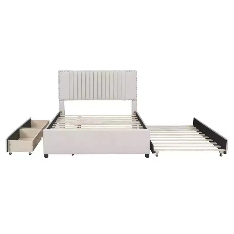 Upholstered Platform Bed with 2 Drawers & Trundle, 400lbs Capacity MDF Plywood Frame
