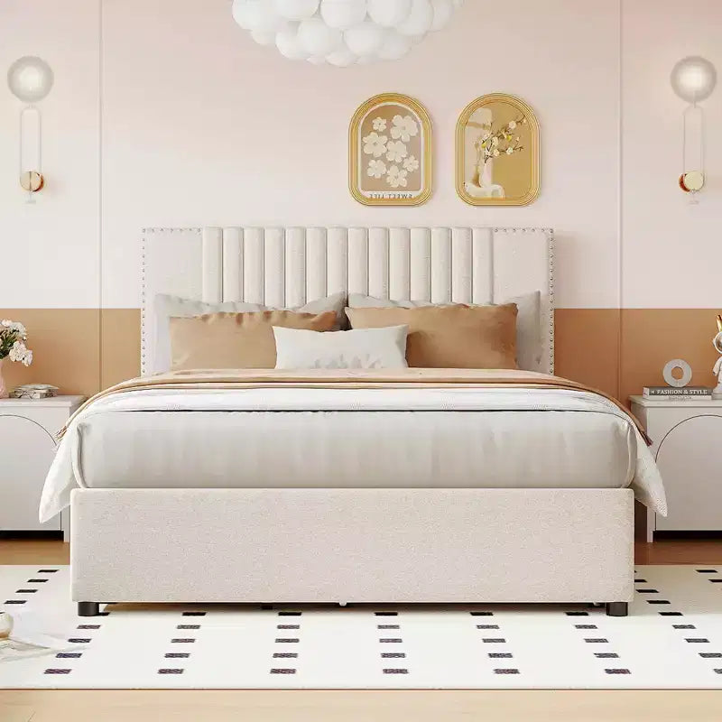 Upholstered Platform Bed with 2 Drawers & Trundle, 400lbs Capacity MDF Plywood Frame