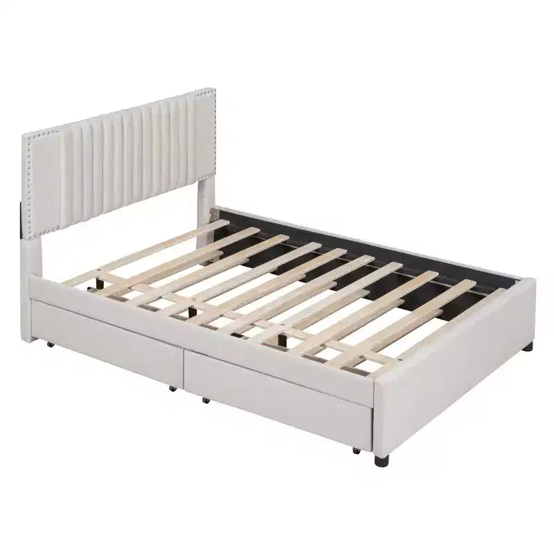 Upholstered Platform Bed with 2 Drawers & Trundle, 400lbs Capacity MDF Plywood Frame