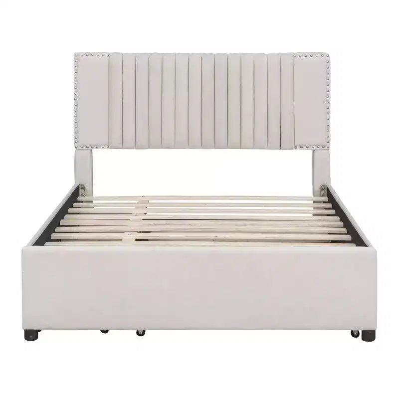 Upholstered Platform Bed with 2 Drawers & Trundle, 400lbs Capacity MDF Plywood Frame