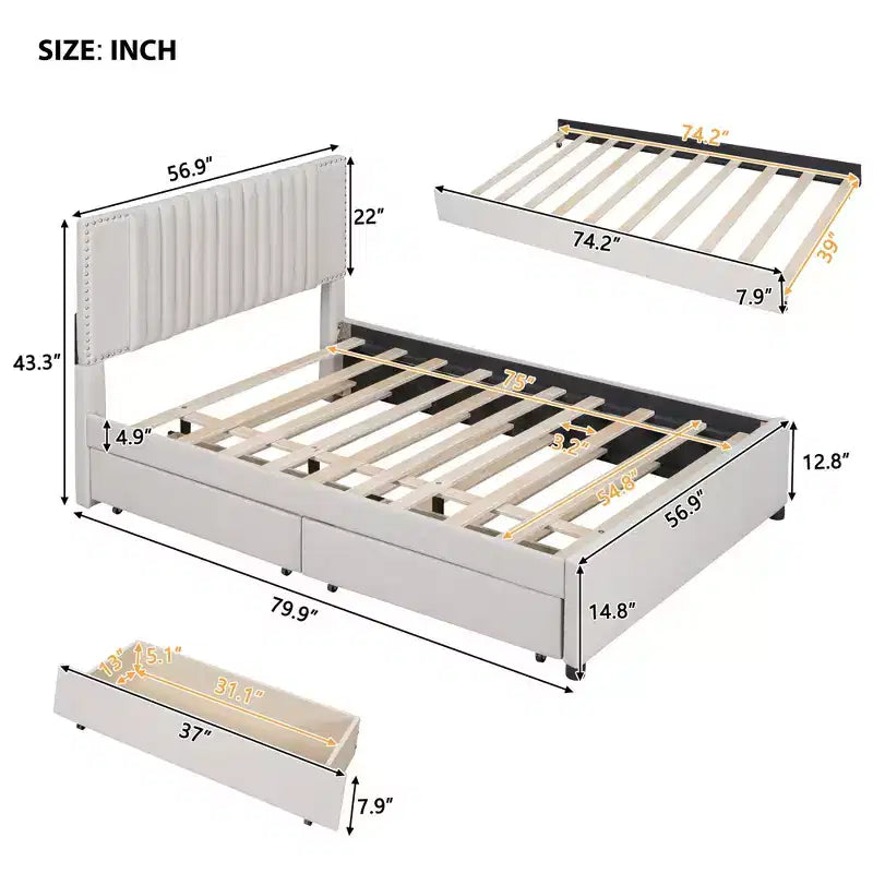 Upholstered Platform Bed with 2 Drawers & Trundle, 400lbs Capacity MDF Plywood Frame