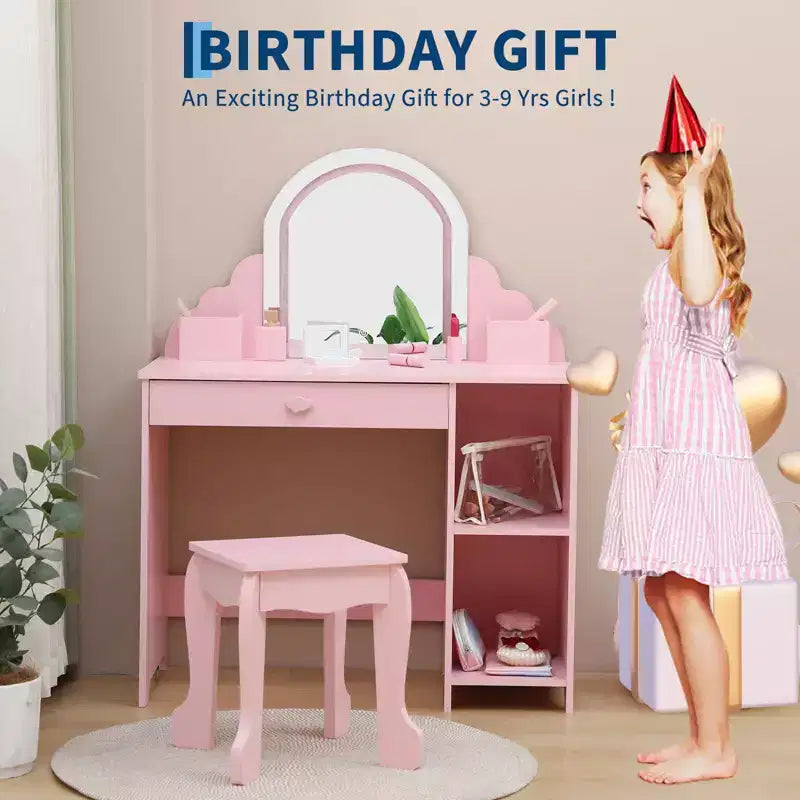 Kids Vanity with Lighted Mirror & Stool, 2 In 1 Makeup Vanity with Storage Drawer & Shelves for Girls 3-9 Pink