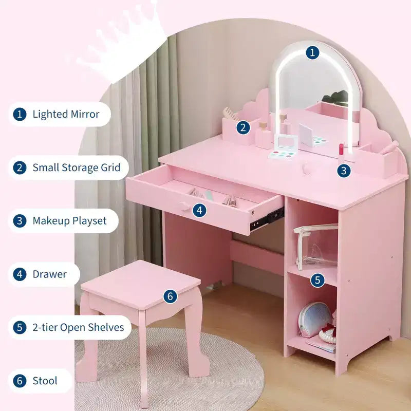 Kids Vanity with Lighted Mirror & Stool, 2 In 1 Makeup Vanity with Storage Drawer & Shelves for Girls 3-9 Pink