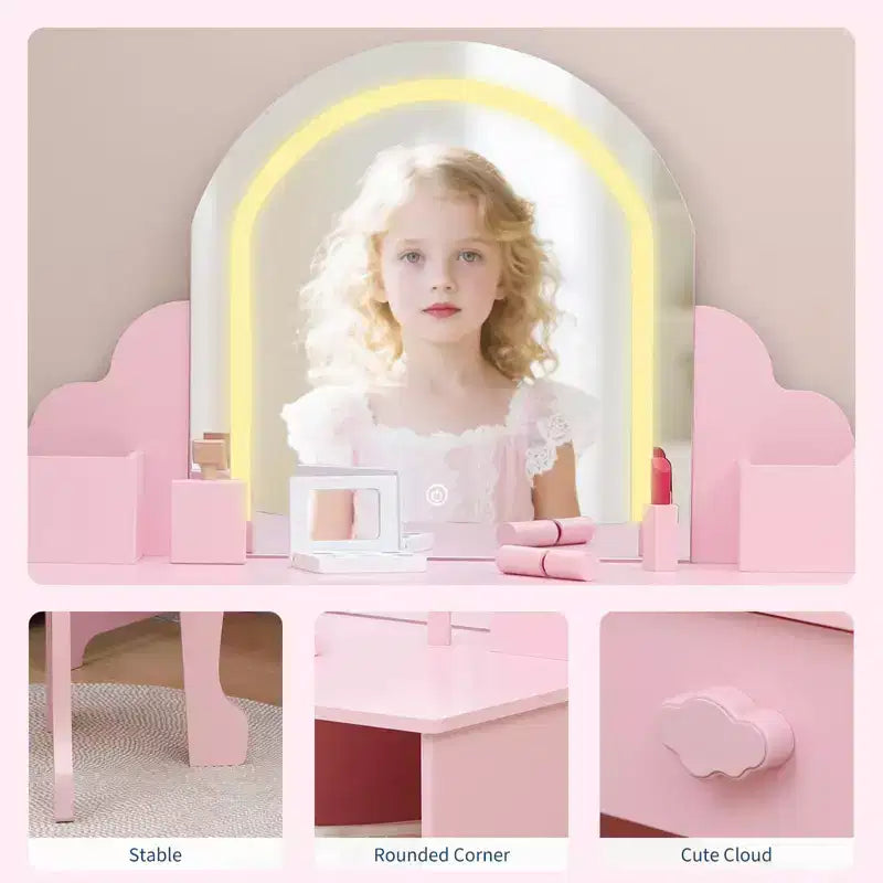 Kids Vanity with Lighted Mirror & Stool, 2 In 1 Makeup Vanity with Storage Drawer & Shelves for Girls 3-9 Pink
