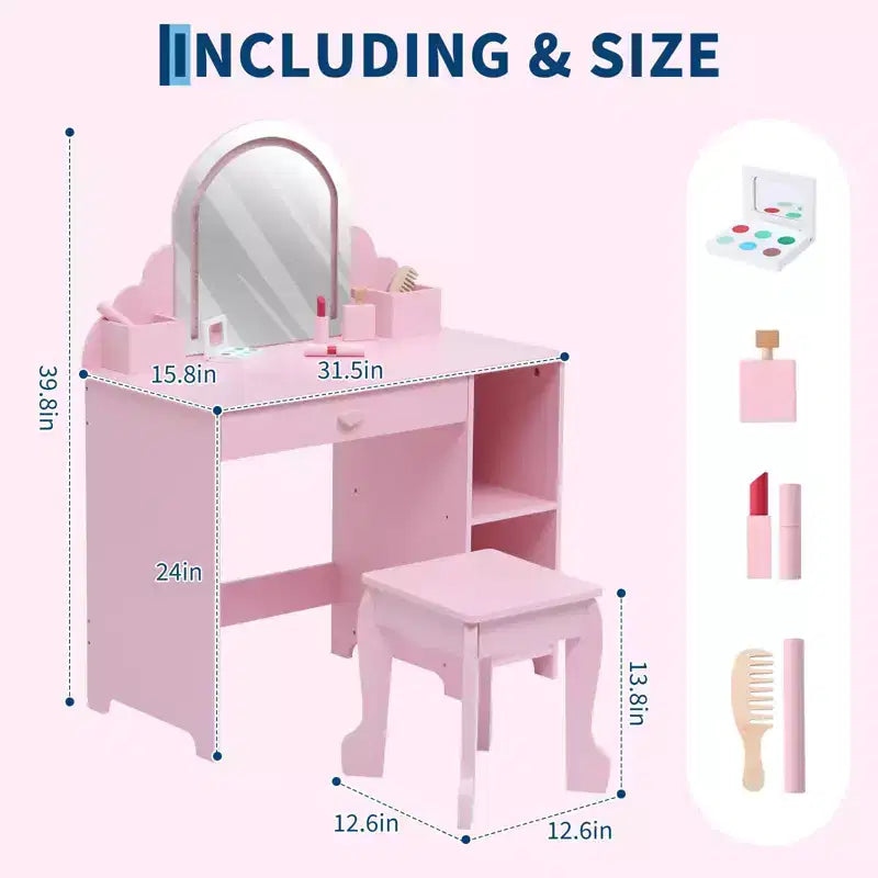 Kids Vanity with Lighted Mirror & Stool, 2 In 1 Makeup Vanity with Storage Drawer & Shelves for Girls 3-9 Pink