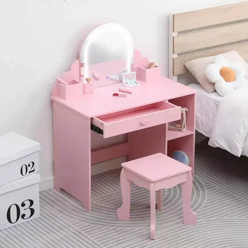 Kids Vanity with Lighted Mirror & Stool, 2 In 1 Makeup Vanity with Storage Drawer & Shelves for Girls 3-9 Pink