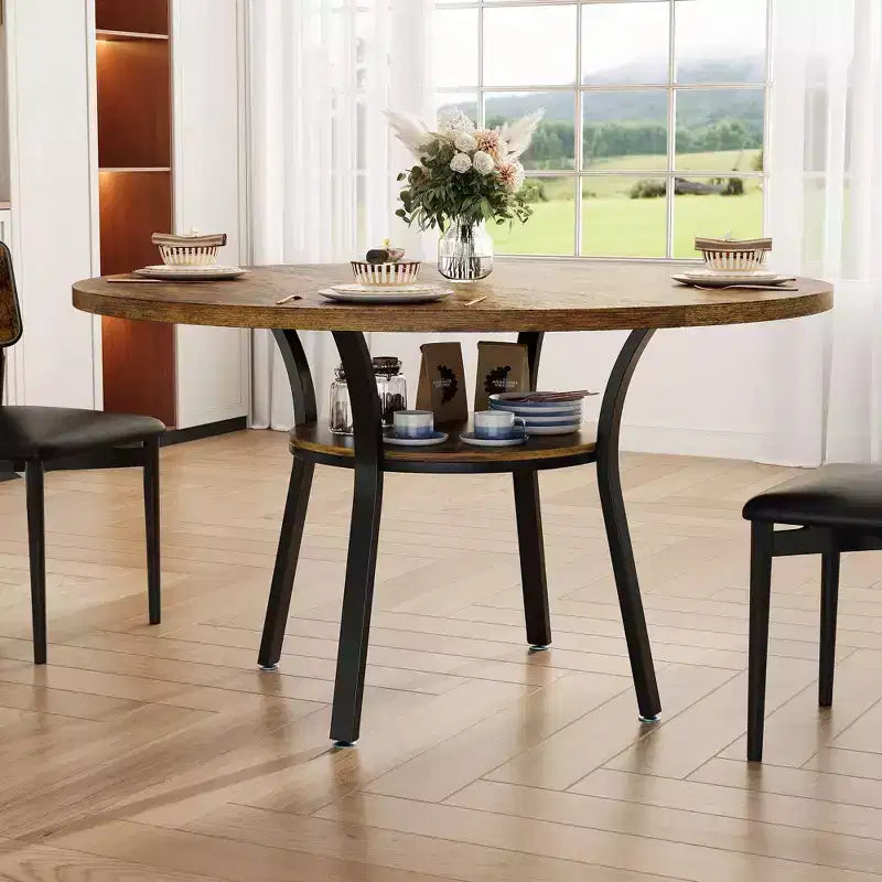 47'' Round Dining Table for 4-6, Wood Kitchen Table with Storage Shelf, Modern Circular Dinner Table, Breakfast Table for Living Room,No Chair