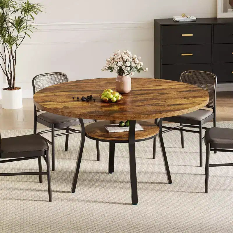 47'' Round Dining Table for 4-6, Wood Kitchen Table with Storage Shelf, Modern Circular Dinner Table, Breakfast Table for Living Room,No Chair