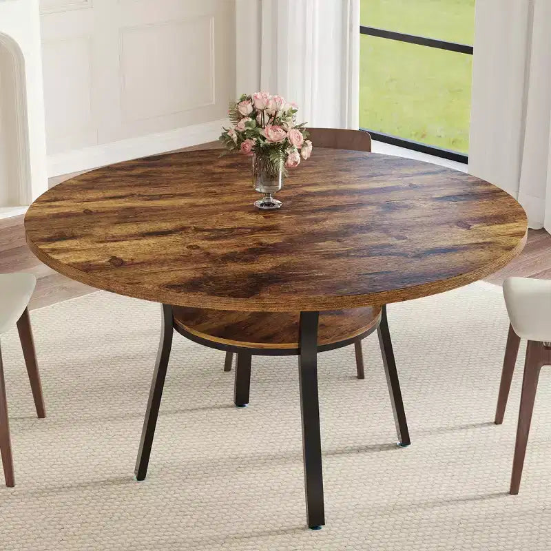 47'' Round Dining Table for 4-6, Wood Kitchen Table with Storage Shelf, Modern Circular Dinner Table, Breakfast Table for Living Room,No Chair