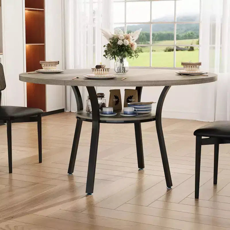 47'' Round Dining Table for 4-6, Wood Kitchen Table with Storage Shelf, Modern Circular Dinner Table, Breakfast Table for Living Room,No Chair