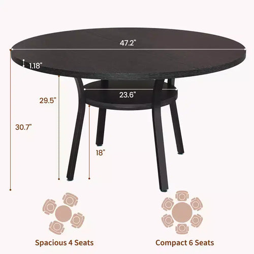 Table à manger ronde de 47 pouces pour 4 à 6 personnes, table de cuisine en bois avec étagère de rangement, table à dîner circulaire moderne, table de petit-déjeuner pour salon, sans chaises