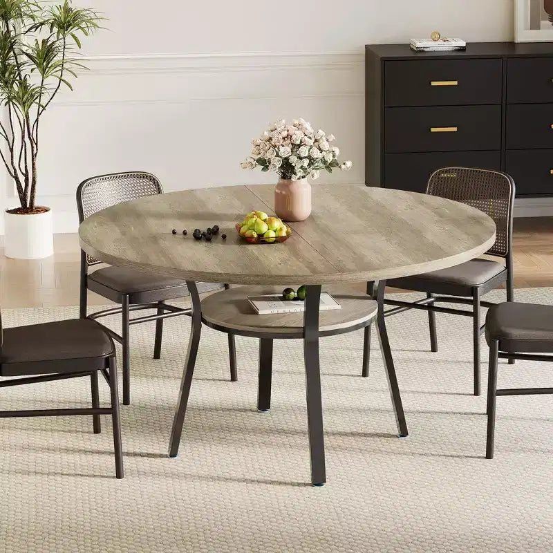 47'' Round Dining Table for 4-6, Wood Kitchen Table with Storage Shelf, Modern Circular Dinner Table, Breakfast Table for Living Room,No Chair