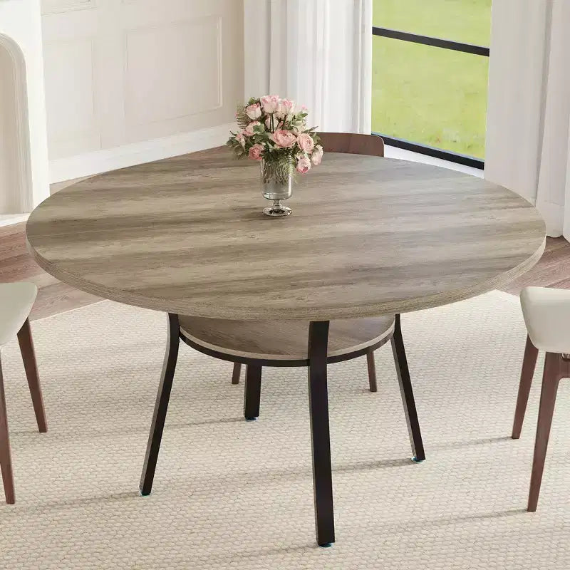 47'' Round Dining Table for 4-6, Wood Kitchen Table with Storage Shelf, Modern Circular Dinner Table, Breakfast Table for Living Room,No Chair