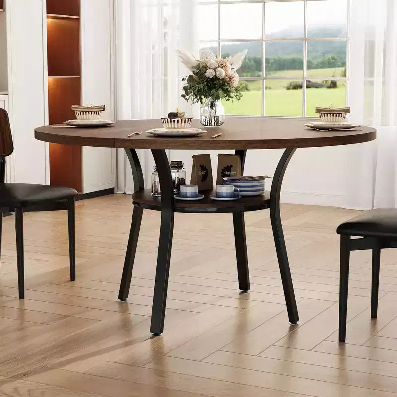 47'' Round Dining Table for 4-6, Wood Kitchen Table with Storage Shelf, Modern Circular Dinner Table, Breakfast Table for Living Room,No Chair