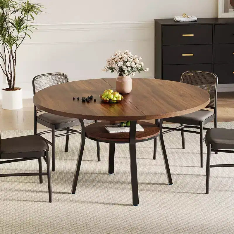 47'' Round Dining Table for 4-6, Wood Kitchen Table with Storage Shelf, Modern Circular Dinner Table, Breakfast Table for Living Room,No Chair