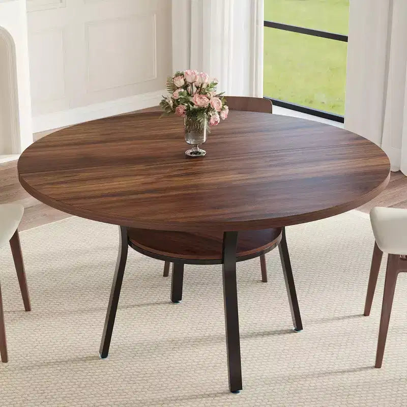 47'' Round Dining Table for 4-6, Wood Kitchen Table with Storage Shelf, Modern Circular Dinner Table, Breakfast Table for Living Room,No Chair